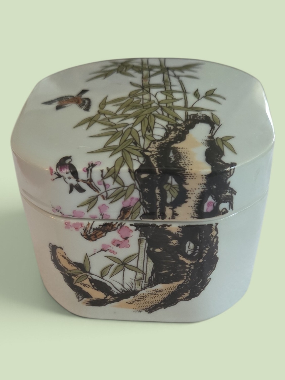 Porcelain Korean Trinket Box with Hand-Painted Floral & Bird Scene